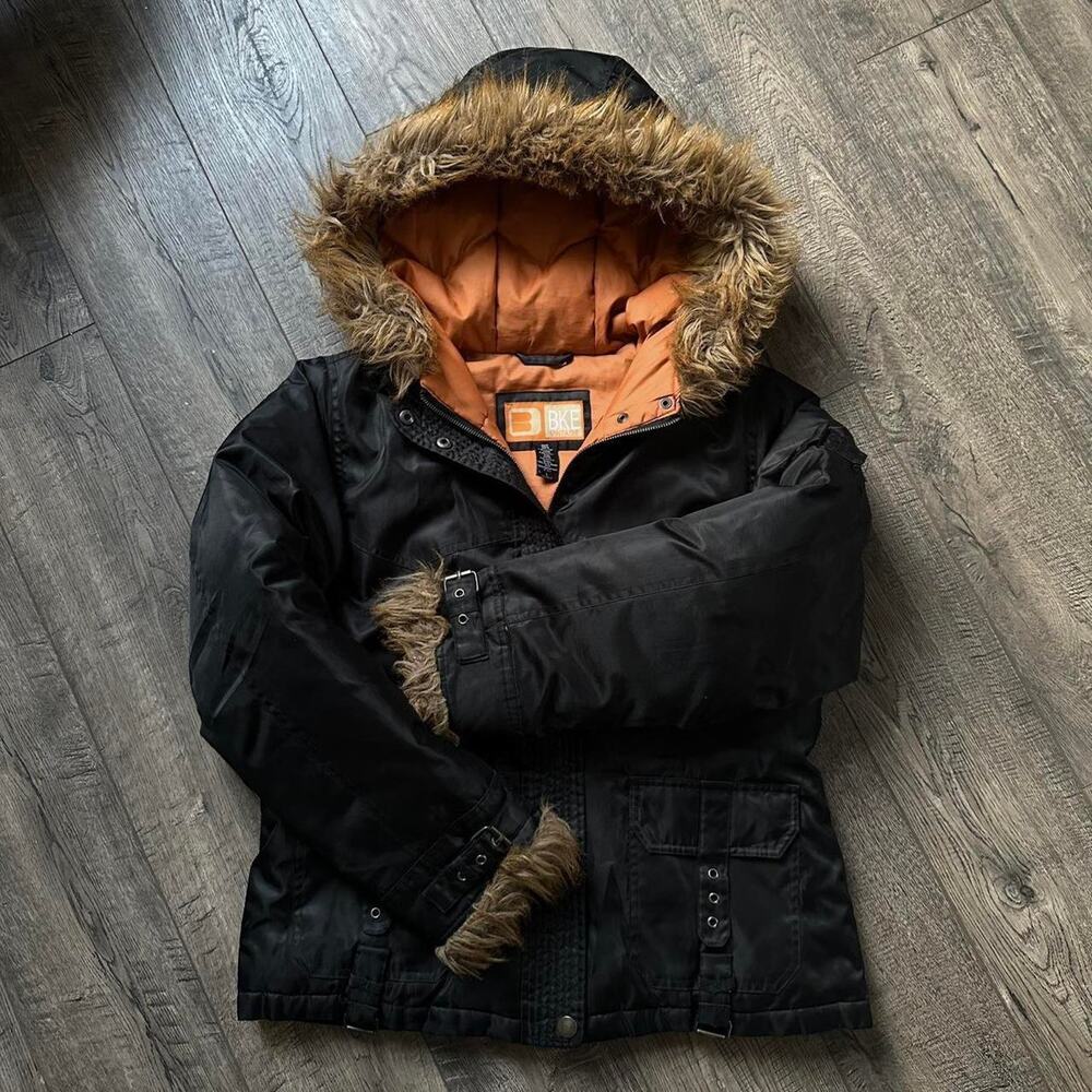 Vintage Y2K BKE Buckle Black Fur Hooded Puffer Winter Jacket